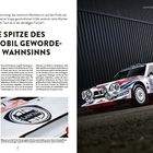 "DIE SPITZE DES AUTOMOBIL GEWORDENEN WAHNSINNS" steht prominent auf einer Doppelseite, daneben ein Rallye-Auto.