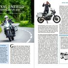 **Royal Enfield Himalayan 450**; techn. Daten in Tabelle; Motorrad auf kurviger Straße; Frau posiert mit Motorrad.