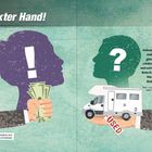 Text: "Aus xter Hand! Gebrauchte Wohnmobile und Caravans... zu vermeiden." Illustration: Kopf mit Ausrufezeichen, Geld, Wohnmobil.