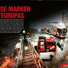 GROSSE MARKEN WESTEUROPAS. Feuerwehrfahrzeuge, Einsatzszene bei Nacht, Leiter mit Feuerwehrmännern, Flammen im Vordergrund.