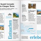 Doppelseite mit Text und Bildern über Sestri Levante, Cinque Terre, inklusive Reiseinformationen und Landkarte.