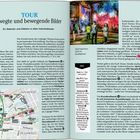 TOUR: Bewegte und bewegende Bilder. Text über Kunstszene in Leipzig mit Karte. Foto von Menschen vor farbig beleuchteten Wänden.