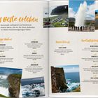 **Texte**: "Das Beste erleben", "Gewaltige Natur", "Reiner Genuss", "Fantastisches Erleben". **Bilder**: Geysir, Wasserfall, Gletscher, Felsen am Meer, Kirche und Hügel.