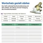 "Wortschatz gezielt stärker" sind große blaue Wörter. Es gibt eine Tabelle mit Wörtern und ein gezeichnetes Tier mit Buch.