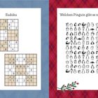 Links: "Sudoku" über Rätseln, Weihnachtskuchen. Rechts: "Welchen Pinguin gibt es nur einmal?" über Pinguinillustrationen, Schlittschuhe.