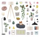 „Good Vibes“ in einem Rahmen. Diverse Haushaltsgegenstände: Lampen, Pflanzen, Bücher, Kissen und ein Hundebett mit Hund.