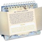 Text: "DIE STILLE GENIESSEN" und "ÜBUNG". Spiralgebundenes Buch mit einer Übung zur Achtsamkeit und Entspannung.