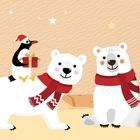 Illustration: Ein Pinguin auf einem Eisbären mit rotem Schal in der Wüste. Eisbären und Sterne im Hintergrund.