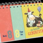 Noch 8 Tage bis zu deinem Geburtstag. Illustration: Kuh mit Partyhut, Ballon, Kuchen und Kerze.
