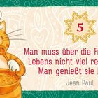 Zitat: "Man muss über die Freuden des Lebens nicht viel reflektieren. Man genießt sie besser." Illustration: Katze mit Kochmütze, Suppe.