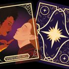 Text: "Verführung". Eine Illustration zweier Figuren, die sich nahekommen, mit verziertem Rahmen und dekorativen Rückseiten.