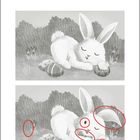 Text: "Lösung:" Zwei Illustrationen: Ein schlafender Hase mit Eiern im Gras, Unterschiede im zweiten Bild rot markiert.