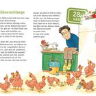 **Titel:** Hühnerschlange

Vorm Kühlschrank steht eine lange, fedrige Schlange. Der Bauer sitzt auf der Arbeitsplatte, umgeben von Hühnern.