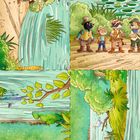 Keine sichtbaren Texte. Eine Illustration von tierischen Abenteurern und einer Wasserfalllandschaft.