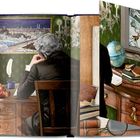 „Panorama München“ steht unter einem Stadtbild. Ein Mann sitzt am Schreibtisch. Bücher, Globus und Weihnachtsdeko.