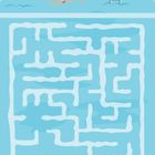 Ein Junge schwimmt in einem Pool über einem Labyrinth; unten Schwimmreifen, eine Illustration.