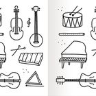 Eine Illustration mit schwarzen Linien zeigt Instrumente: Trommel, Geige, Flöte, Klavier, Xylophon, Gitarre, Triangel. Symbole.