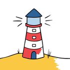 Illustration eines Leuchtturms mit roten und weißen Streifen auf gelbem Boden, einfache, farbenfrohe Zeichnung.