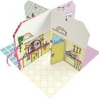 Illustration einer bunten Küche mit Regenbögen, Pflanzen, Geschirr, Ofen und Kacheln auf den Wänden.