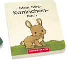 Drei Kinderbücher mit Tierillustrationen: Waldtiere, ein Kaninchen, Löwenfamilie. Titel: "Mein Mini-Wimmelbuch", "Mein Mini-Kaninchenbuch", "Mein Mini-Einschlafbuch".