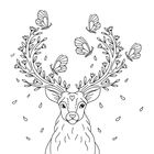 Illustration: Ein Hirsch mit verzweigten, blumigen Geweihen, darauf Schmetterlinge; kleine Blätter fallen herab.