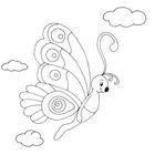 Illustration eines niedlichen Schmetterlings mit großen, gemusterten Flügeln, fliegend zwischen simplen Wolken.