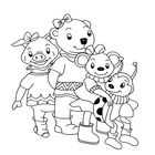 Illustration von Tieren in Pullovern: Schwein, Bär, Maus, und Marienkäfer mit Schleifen und freundlichen Gesichtern.