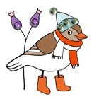 Ein Vogel in Stiefeln und Mütze mit dekorativen Steinen; zwei stilisierte Blumen im Hintergrund. Illustration.