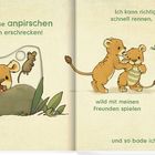 Links: "Ich kann mich leise anpirschen und Mäuschen erschrecken!" Ein Löwenjunges schleicht sich an. Rechts: "Ich kann richtig schnell rennen, wild mit meinen Freunden spielen und so bade ich." Junge Löwen spielen und werden von einer Löwin geleckt. Illustration.