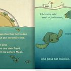 Links: Text über Schildkrötenmamas, Eier im Sand. Rechts: Schwimmende Schildkröten, Text über Schwimmen und Tauchen. Illustration mit Meer und Strand.