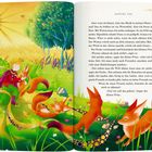 Kapitel XXI. Links Illustration: Junge mit Fuchs in buntem, sonnigem Feld, Bäume im Hintergrund.