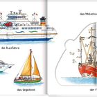 „Auf dem Wasser“ zeigt eine Autofähre, Yacht, Segelboot, Motorboot und einen Fischkutter mit Möwen. Illustrationen.