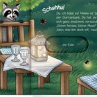 Text: „Schuhhu! Da, ich habe es! Mimmi ist bei der Gartenbank... die Eule.“ Illustration: Tiere um eine Gartenbank.