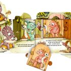 „Und was muss man dann noch machen? Gibt es da noch andre Sachen?“ Illustrationen von drei Dinosauriern im Badezimmer.