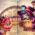 Text: „Drei Feuerkäfer, Ein Biberzahn und ...?“ Zwei Hexen in einem gemütlichen Raum voller Bücher und Pflanzen.