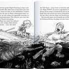 Text beschreibt ein Chaos auf dem Wasser. Illustration: Ein Junge in einem Boot, ein Mann im Wasser, riesiges Krokodil darunter.