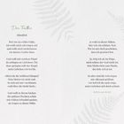 "Der Falke. Mündlich." Ein poetischer Text auf weißem Hintergrund mit Farnblättern im Hintergrund als Dekoration.