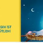 HMPF! DAS KISSEN IST UNGEMÜTLICH! Illustration: Ein mürrischer Vogel in einem Nest unter dem Sternenhimmel mit einer Lampe daneben.