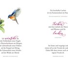 Ein Zitat über Lachen von Thackeray, Worte über Farben und Blumen von Hunt, irischer Segen, Zitat von Fontane, Vogel und Blüten.