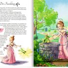 Text über "Der Froschkönig": Es war einmal eine Königstochter, die ihren goldenen Ball verlor. Ein Frosch versprach, ihn zurückzuholen. Illustration: Eine Prinzessin und ein Frosch am Brunnen.