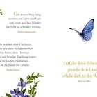 Text: „Geh deinen Weg ruhig...“, „Leicht zu leben...“, „Entfalte deine Schwingen...“ Illustrationen: Blumen, blauer Schmetterling.