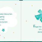 Text in einer Wolke: „Du hast Talent!“ Rechts eine grüne Taube mit roter Blume. Links rote Blumen auf grünem Hintergrund.
