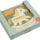 Schaukelbuch mit Pony-Illustration, Text: "HALLO, KLEINES PONY!", "RASSELT BEIM SCHAUKELN". Buch in grüner Verpackung.