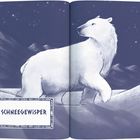 Text: "SCHNEEGEWISPER". Eine Illustration zeigt einen Eisbären unter einem Sternenhimmel in einer Berglandschaft.