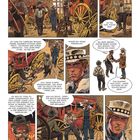 Comicseite mit einer Szene in einer Werkstatt. Westernfiguren sprechen über das Überprüfen einer Kutsche und Gefahren auf der Piste.