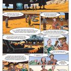 Texte beschreiben eine futuristische Szene mit Raumschiff, Menschen in einer ländlichen Umgebung und einem Gespräch.