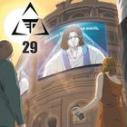 „Return to the earth“ und „29“ neben einem dreieckigen Logo. Menschen betrachten einen Bildschirm mit einer Figur.