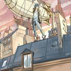 Text: "ÉPICES", "HOTEL". Illustration mit Blau- und Brauntönen. Eine Person steht auf einem Dach; dahinter ein Zeppelin.