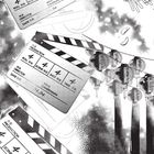 Text: "PRODUCTION", "ROLL 4", "SCENE 4", "SHOT 4", "TAKE 4", "DIRECTOR", "CAMERAMAN". Zeichnung von Filmklappen und Papierlaternen.