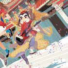 Kreative Illustration: Person in bunter Kleidung mit Gitarre, springend vor Tempel mit roten Dächern und dekorativen Drachen.